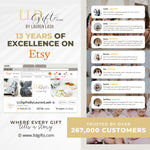 The image is an advertisement for an online gift shop called "Lld Gifts" by Lauren Lash. It features a website, a list of customer reviews, and a collage of images showcasing the shop's products. The advertisement highlights the shop's 13 years of success and the trust it has built with over 267,000 customers.