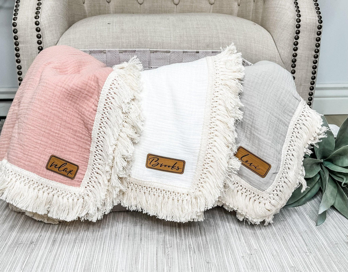Baby Shower Gift Set Newborn Bundle Personalized Muslin Blanket Custom Leather Patch Teether Bunny Lovey Collection Nursery Decor Essential Infant Development Package Premium Quality Design Multiple Color Options Perfect New Mom Present