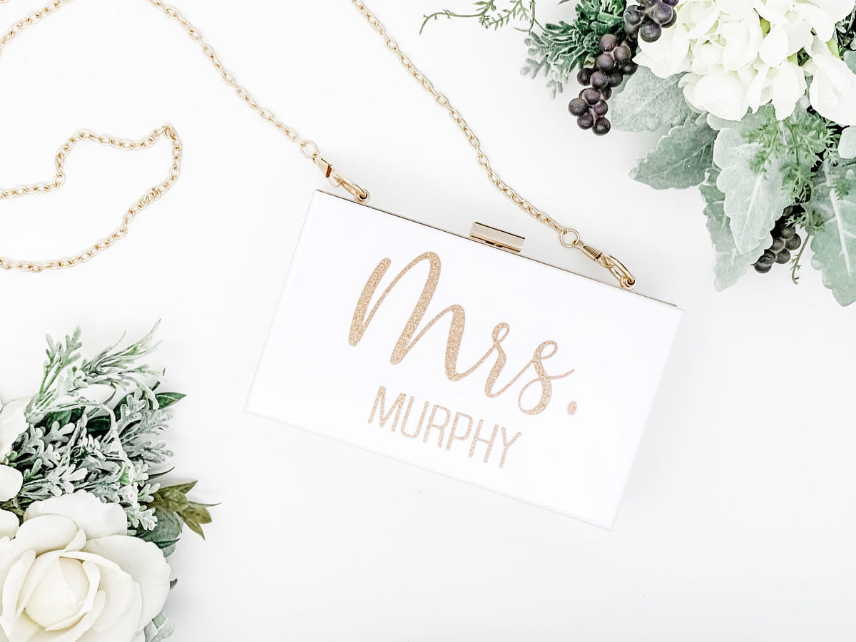 Custom Wedding Clutch Bag Bridal Party Gift Elegant Acrylic Design Removable Gold Chain Crossbody Option Personalized Name Monogram Beautiful Wedding Accessory Collection Premium Quality Construction Modern Style Essential Wedding Day