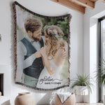 Personalized wedding photo blanket featuring your custom wedding memory printed on soft woven cotton. Ideal cotton anniversary gift, wedding keepsake, and custom photo throw for newlyweds. Perfect for couples celebrating their special day, this unique wedding decor piece doubles as a romantic anniversary present and a timeless, high-quality memento.