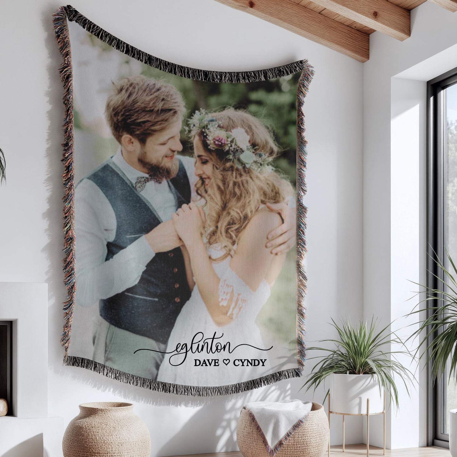 Personalized wedding photo blanket featuring your custom wedding memory printed on soft woven cotton. Ideal cotton anniversary gift, wedding keepsake, and custom photo throw for newlyweds. Perfect for couples celebrating their special day, this unique wedding decor piece doubles as a romantic anniversary present and a timeless, high-quality memento.