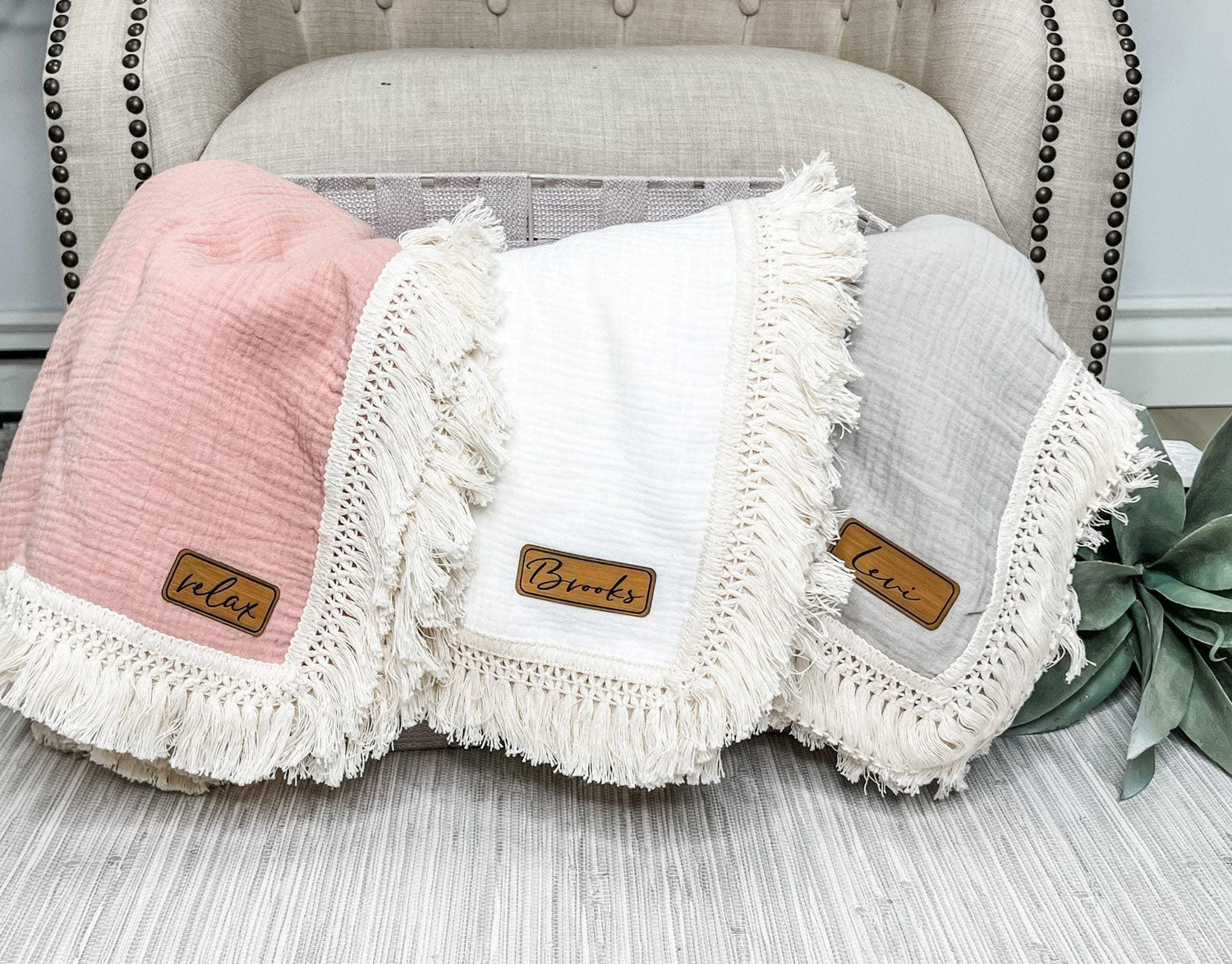 Baby Shower Gift Set Newborn Bundle Personalized Muslin Blanket Custom Leather Patch Teether Bunny Lovey Collection Nursery Decor Essential Infant Development Package Premium Quality Design Multiple Color Options Perfect New Mom Present