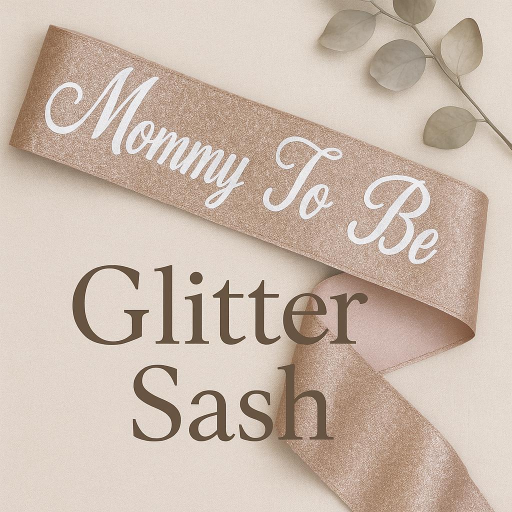 Handmade personalized baby shower sash for mom to be, rose gold glitter sash with adjustable fit using heart-shaped pin
