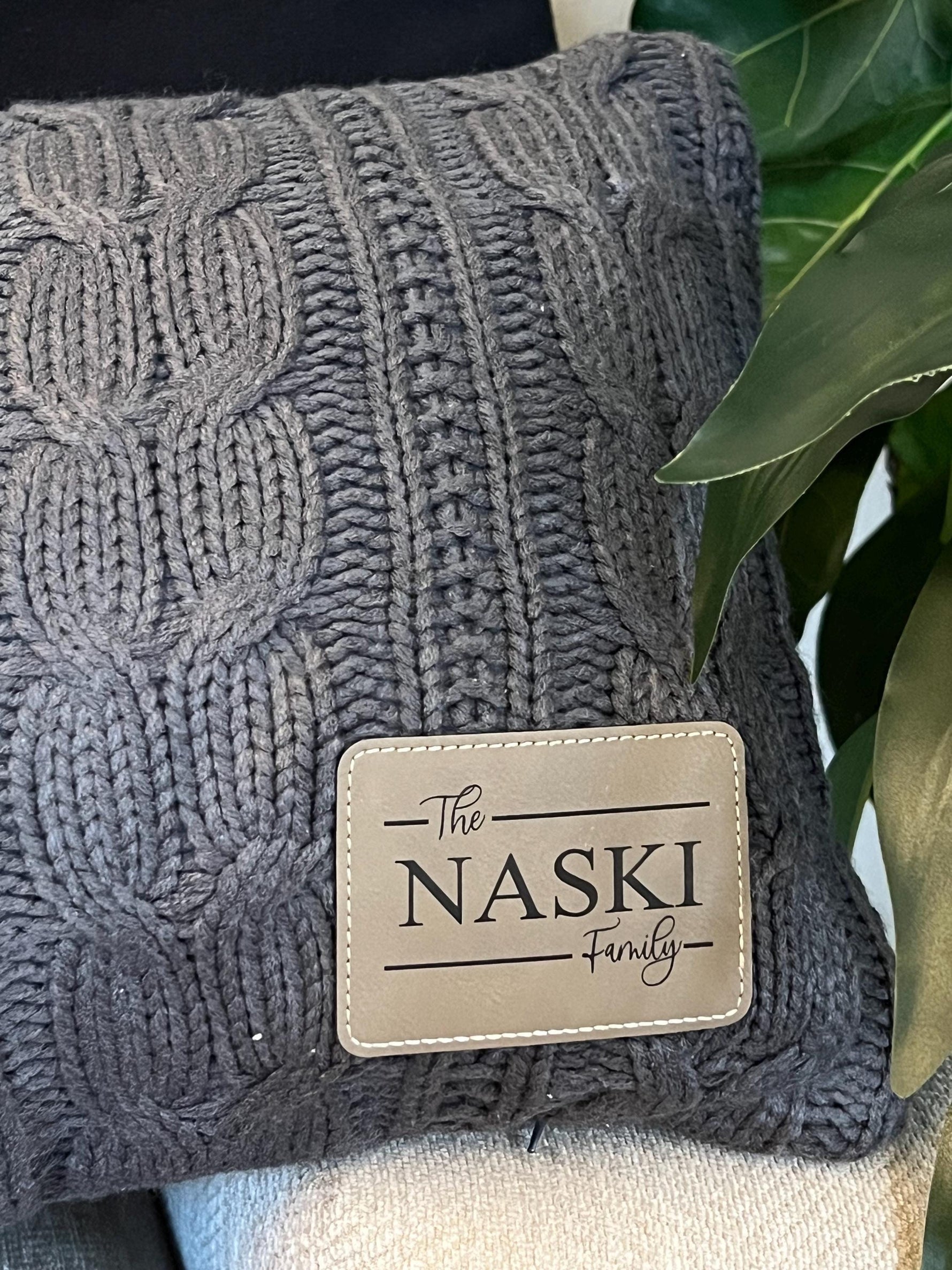 Personalized Throw Blanket Custom Mom Gift Cable Knit Sherpa Style Cozy Comfort Wrap Premium Quality Construction Monogram Design Leather Patch Accent Birthday Present Housewarming Gift Modern Home Decor Beautiful Custom Creation Stylish