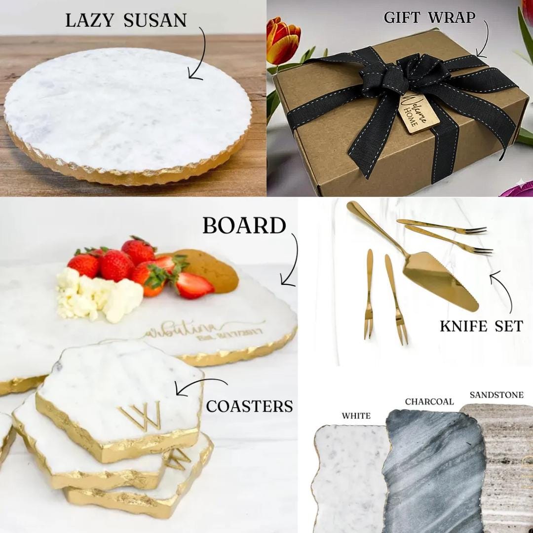 The image is a collage of four different items, including a round marble cake, a gift wrap, a wooden board with strawberries, and a knife set.