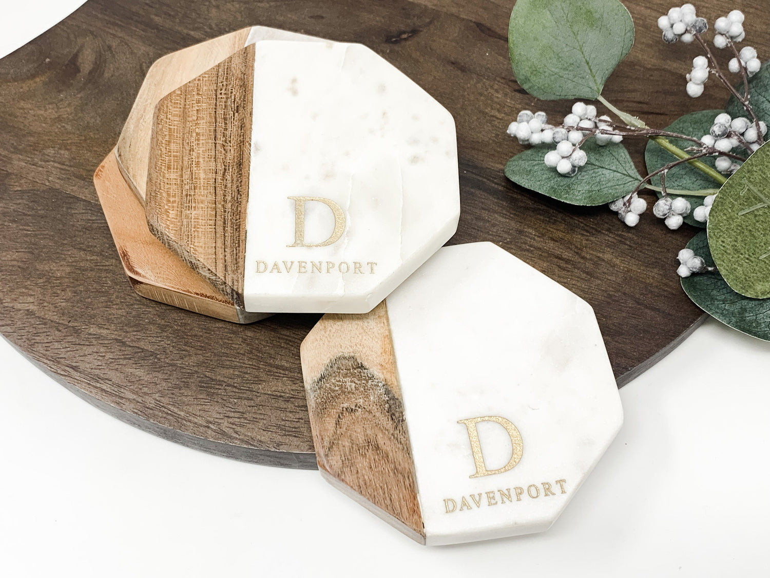 Personalized Coasters Set, Custom Marble & Wood Coasters, Engraved Drink Coasters, Wedding Gift, 5th Anniversary, Housewarming Gift