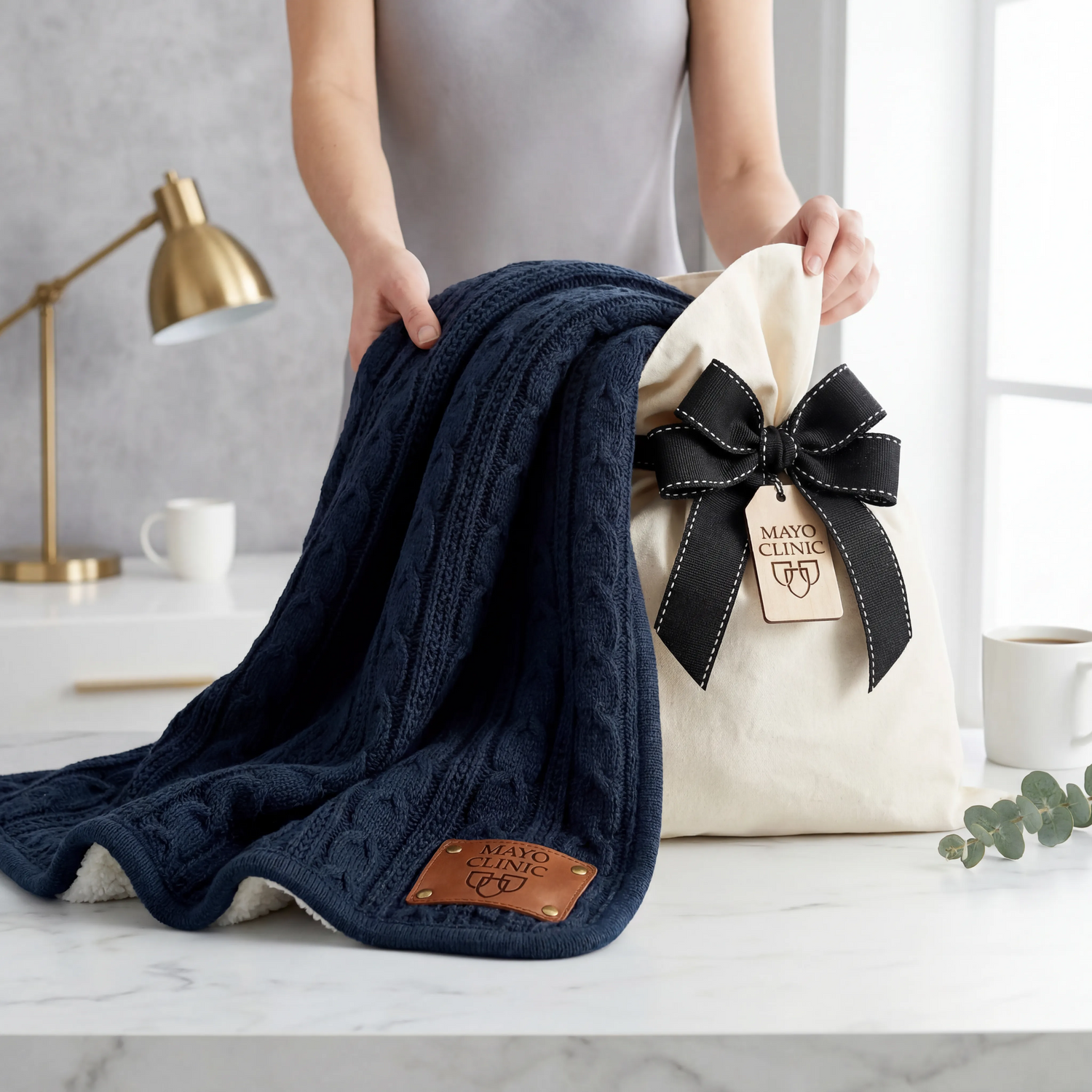 Corporate Client Gift – Custom Logo Cable Knit Blanket with Engraved Leather Patch – Bulk Branded Corporate Gifts for Clients or Company Thank You Gift