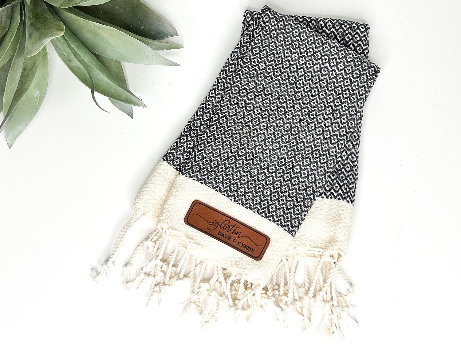 Monogrammed Turkish Hand Towel with Leather Patch