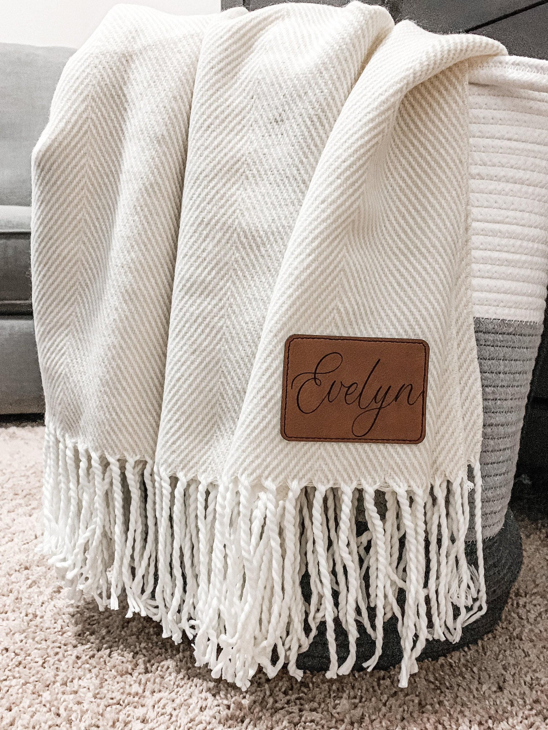 Farmhouse Monogram Throw - Personalized Blanket with Name - Personalized Gift - Corporate Gift - Soft Herringbone Stripe Blanket with Tassel