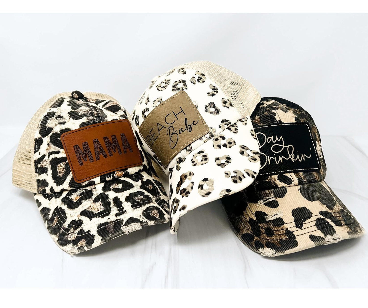 Leopard Print Ponytail Trucker Hat: Personalized Leather Patch