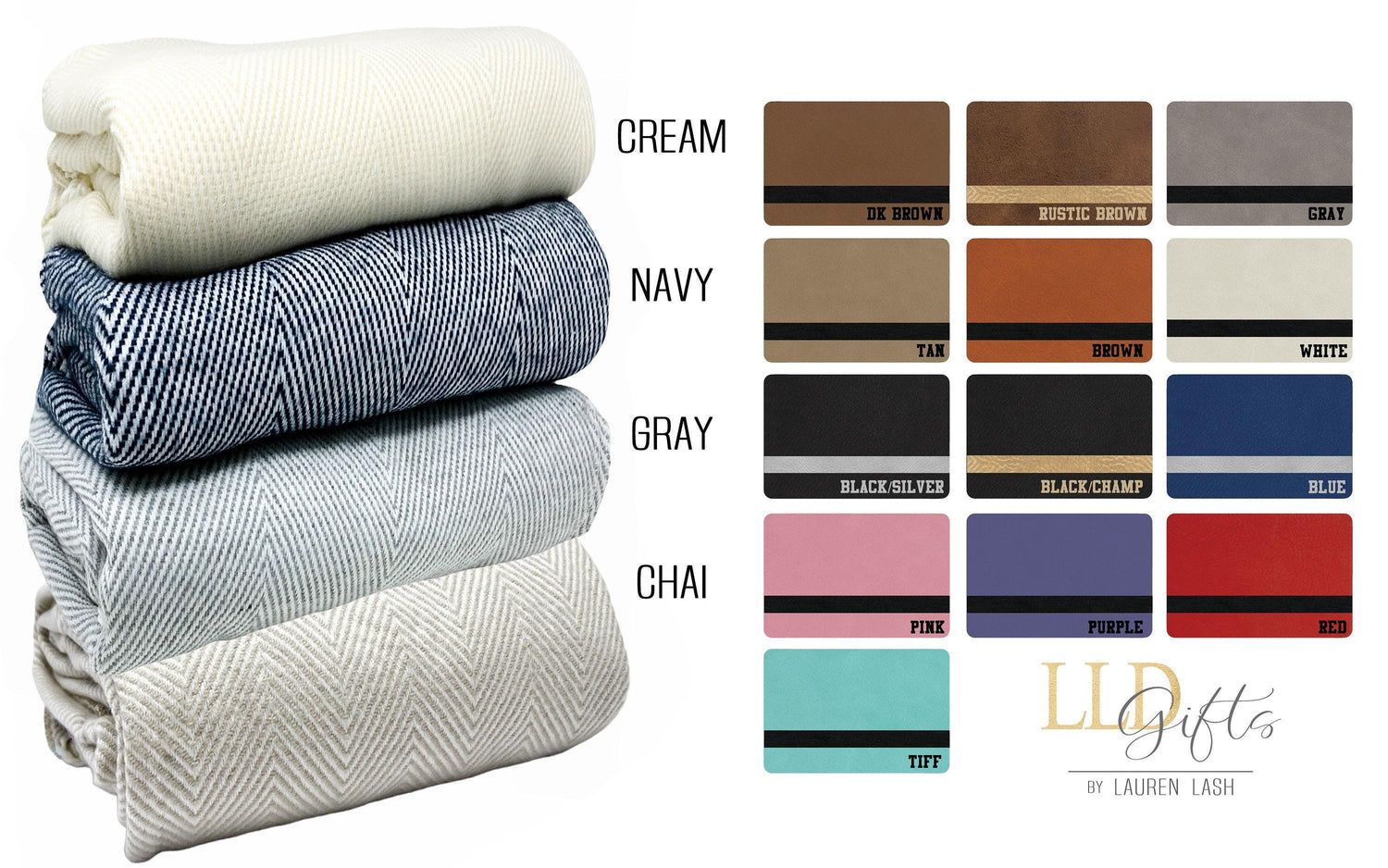Our farmhouse-style personalized throw comes in a variety of elegant colors: Cream, Gray, Chai, and Navy. The custom laser engraved leatherette patches are also offered in a range of colors to complement your personal style.