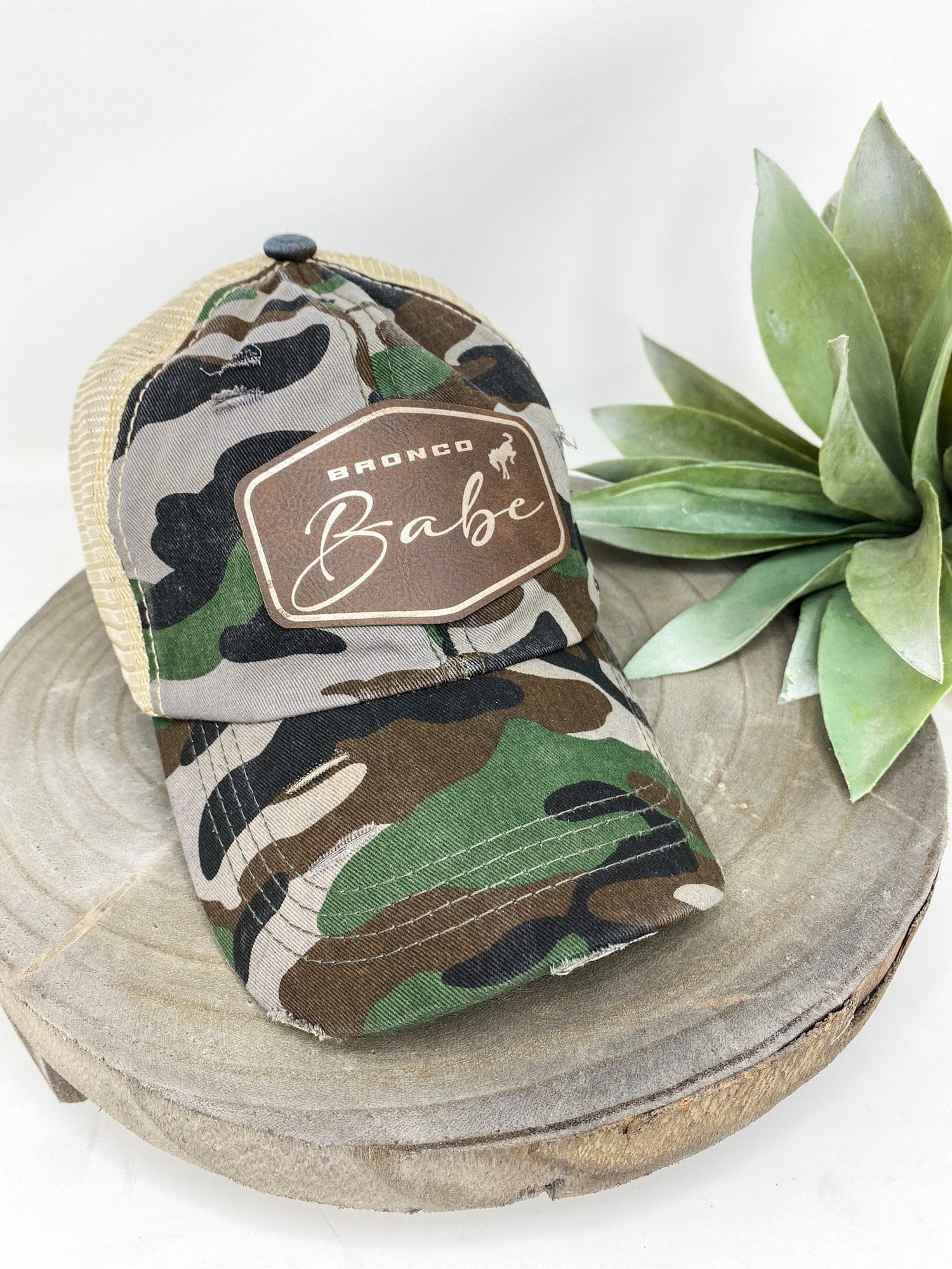 Mom Gift Gray Camo Hat Gift for Women Trucker Cap Custom Leather Patch Gift for Mom Adjustable Messy Bun Hat