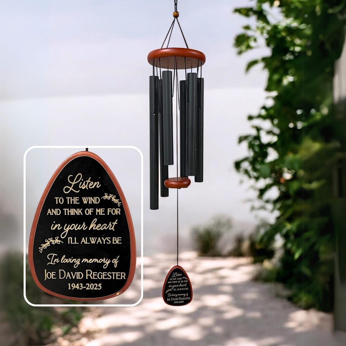 Memorial Wind Chime Custom Engraved Design Black Metal Tubes Garden Memory Gift Outdoor Remembrance Decor Personalized Sympathy Present Large Metal Chimes Wood Accent Details Lasting Tribute Collection Special Memory Keepsake Beautiful
