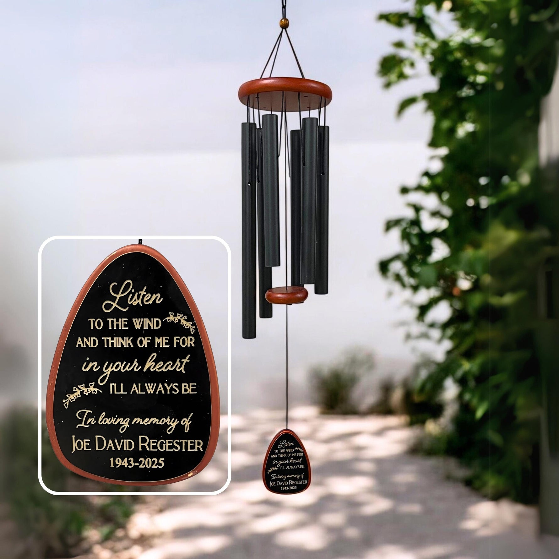 Memorial Wind Chime Custom Engraved Design Black Metal Tubes Garden Memory Gift Outdoor Remembrance Decor Personalized Sympathy Present Large Metal Chimes Wood Accent Details Lasting Tribute Collection Special Memory Keepsake Beautiful