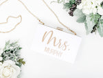Custom Wedding Clutch Bag Bridal Party Gift Elegant Acrylic Design Removable Gold Chain Crossbody Option Personalized Name Monogram Beautiful Wedding Accessory Collection Premium Quality Construction Modern Style Essential Wedding Day