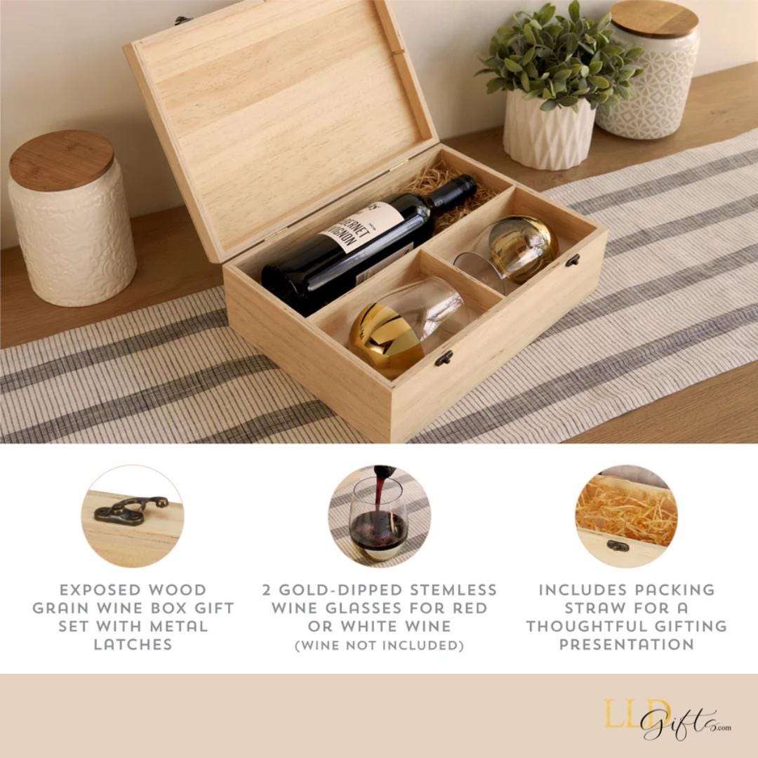 Personalized Wine Box Gift Set: Wooden Wedding Keepsake with Gold Glasses