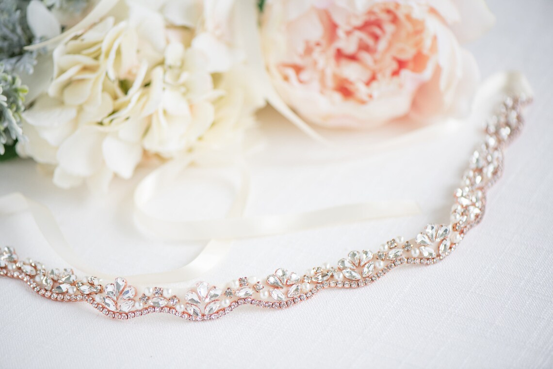 Rose Gold Bridal Belt - Rose Gold Wedding Belt - Bridesmaids Belt- Rose Gold Bridal Sash - Crystal Belt - Crystal Headband - Style: OLIVIA - LLD Gifts by Lauren Lash