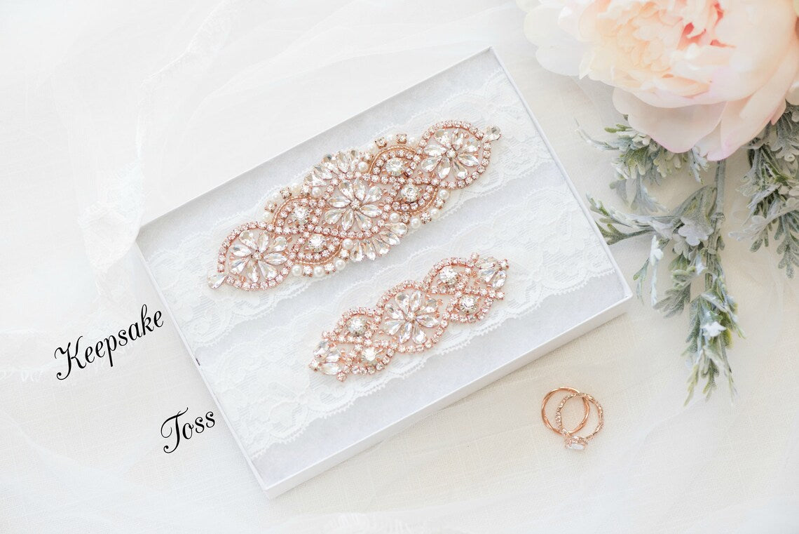 Rose Gold Garter Set - Wedding Garter - Prom Garter - Crystal Garter - Pearl Garter Set - Style: ISABELLE - LLD Gifts by Lauren Lash