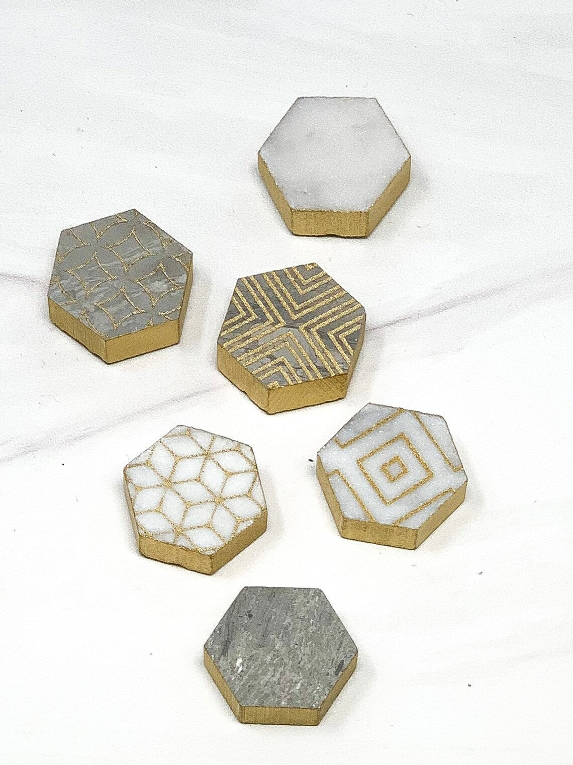 Marble Hexagon Magnets - Personalized Marble Magnets - Hexagon Geometric Magnets - Gold Geometric Magnets - Refrigerator Magnets - ENGRAVED - LLD Gifts by Lauren Lash