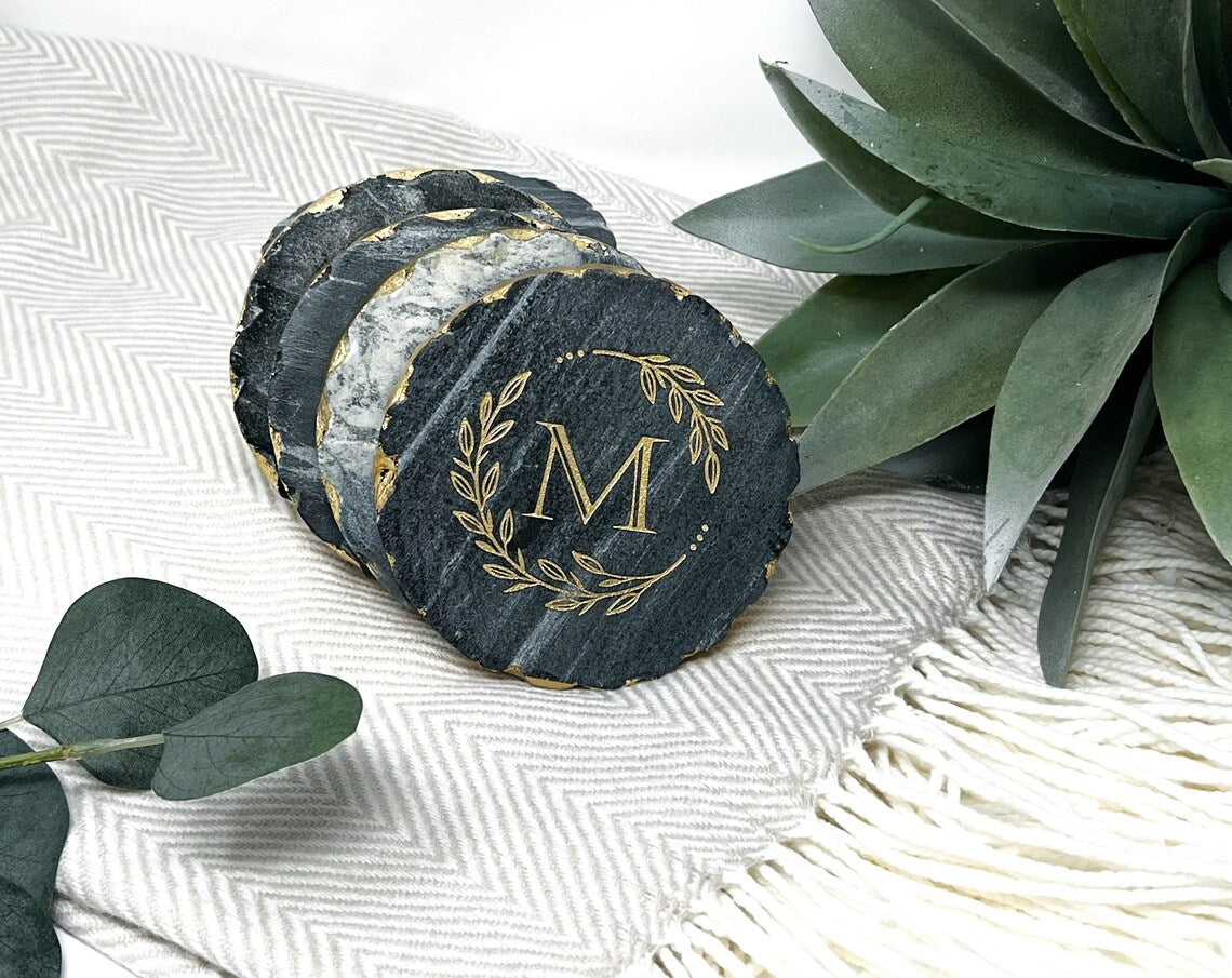 Gold Edge Marble Coasters - Personalized Marble and Gold Coasters - Set of 4 - Engraved Marble Coasters - LLD Gifts by Lauren Lash