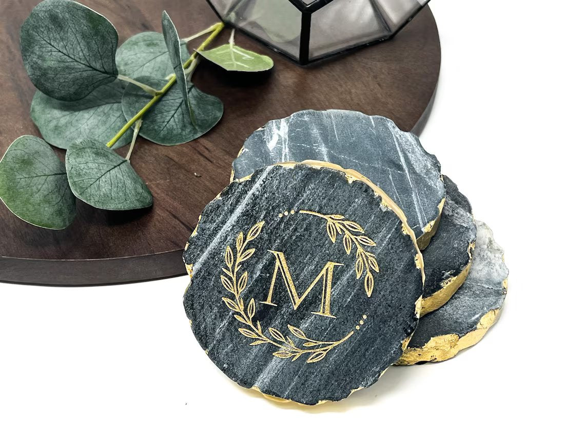 Gold Edge Marble Coasters - Personalized Marble and Gold Coasters - Set of 4 - Engraved Marble Coasters - LLD Gifts by Lauren Lash