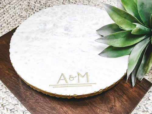 Personalized Lazy Susan - Marble & Gold Cheese Board - Custom Cutting Board - Charcuterie Board - Serving Tray - Wedding Gift- GOLD EDGE - LLD Gifts by Lauren Lash