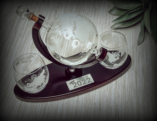 Whiskey Decanter Set, Closing Gifts, Custom Housewarming Decanter Set, Real Estate Gifts, Globe bar set, Graduation gift - LLD Gifts by Lauren Lash