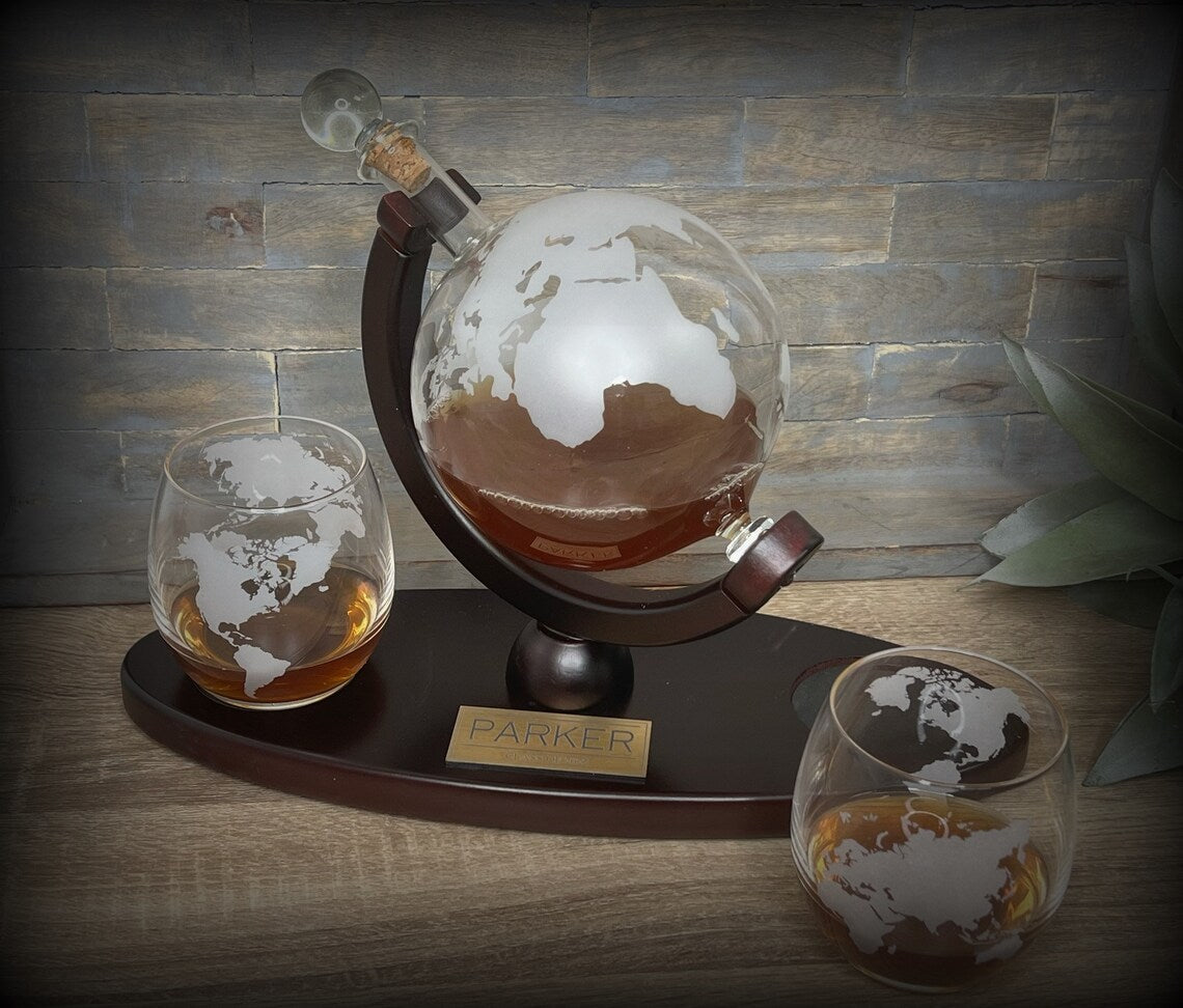 Whiskey Decanter Set, Closing Gifts, Custom Housewarming Decanter Set, Real Estate Gifts, Globe bar set, Graduation gift - LLD Gifts by Lauren Lash