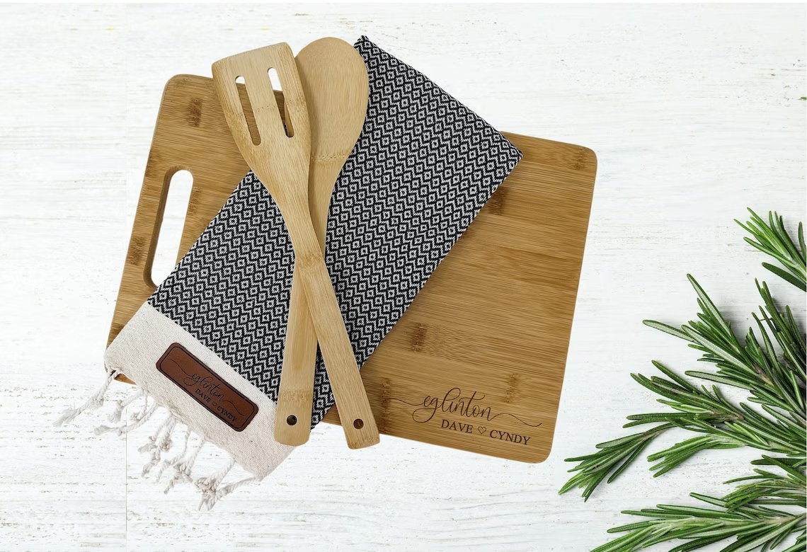 Personalized Charcuterie Gift Set Corporate Gift Housewarming Kitchen board set tea towel hand towel Wooden Utensils - MEALS & MEMORIES - LLD Gifts by Lauren Lash