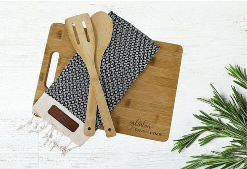 Personalized Charcuterie Gift Set Corporate Gift Housewarming Kitchen board set tea towel hand towel Wooden Utensils - MEALS & MEMORIES - LLD Gifts by Lauren Lash