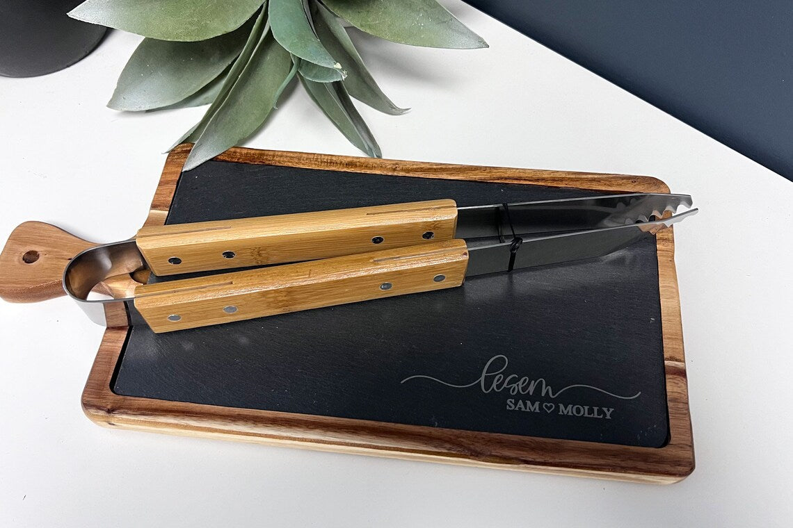 Personalized Grilling Set Rugged Slate & Wood Charcuterie Board - Cutting Board - Corporate Gift - Wood Anniversary - Grilling Tongs - LLD Gifts by Lauren Lash