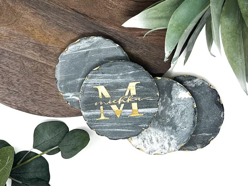 Gold Edge Marble Coasters - Personalized Marble and Gold Coasters - Set of 4 - Engraved Marble Coasters - LLD Gifts by Lauren Lash