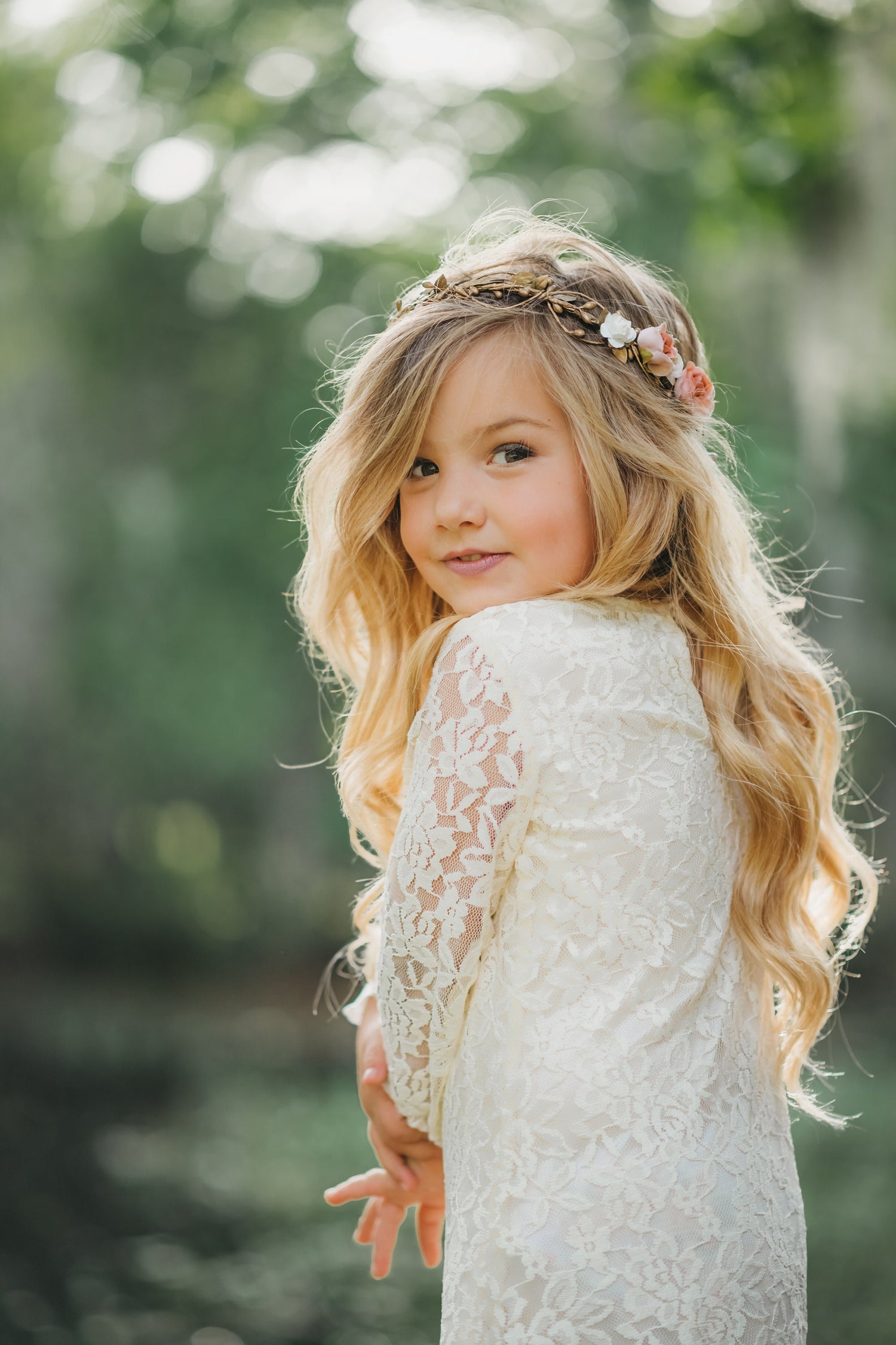 Gold Vine Flower Crown Child Size White Floral Halo Bridal Wedding Wreath Boho Hairpiece Fairy Crown Rustic Headpiece Elegant Tiara