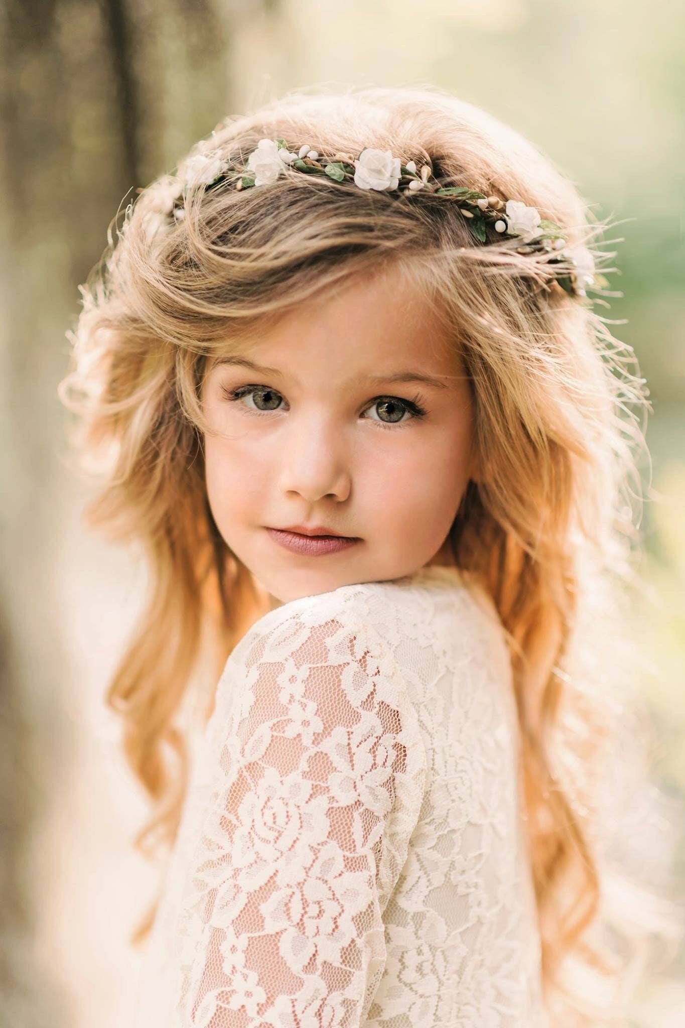 Flower Girl Headpiece Child Size White Gold flower Crown Bridal Accent Special Day Wedding Wreath Boho Style Rustic Band Fairy Princess