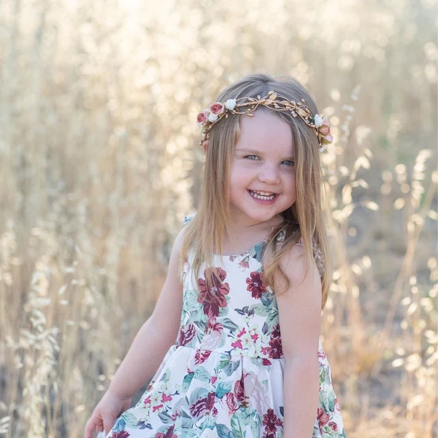 Gold Vine Flower Crown Child Size White Floral Halo Bridal Wedding Wreath Boho Hairpiece Fairy Crown Rustic Headpiece Elegant Tiara