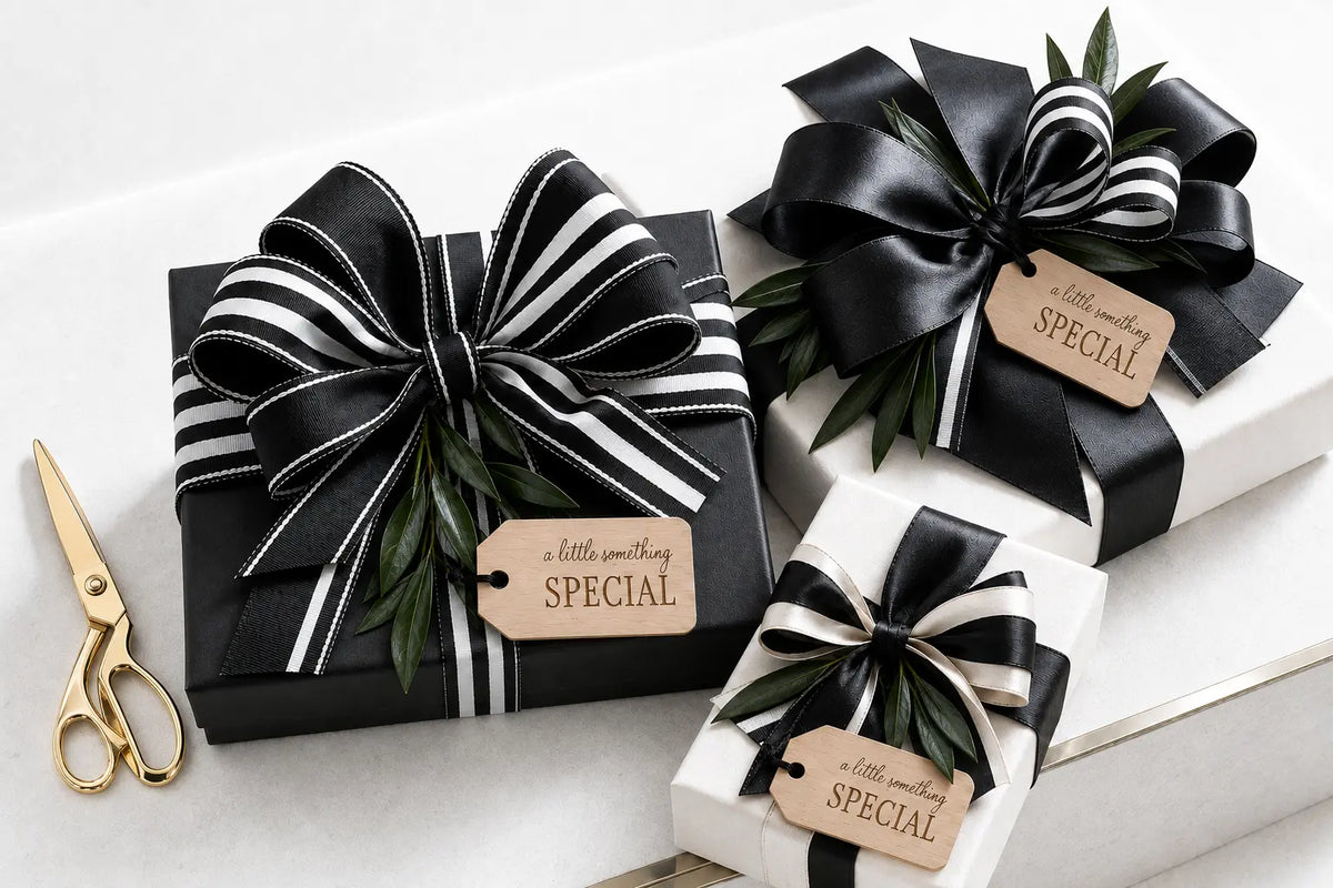 Black and white gift boxes with ribbon, greenery, and gift tags for presentation inspiration