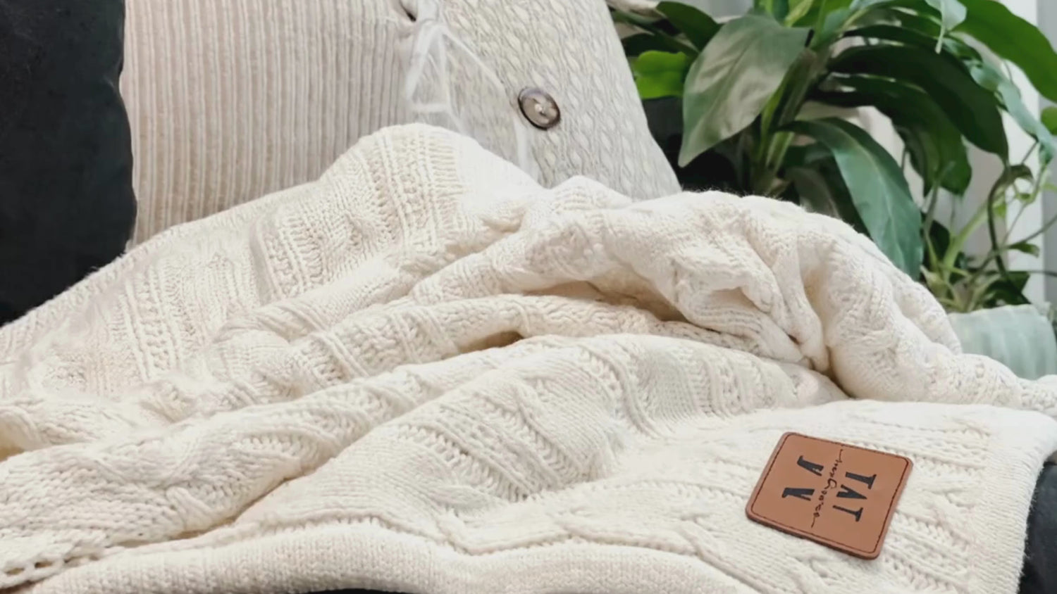 Personalized Cable Knit Blanket with Engraved Leather Patch