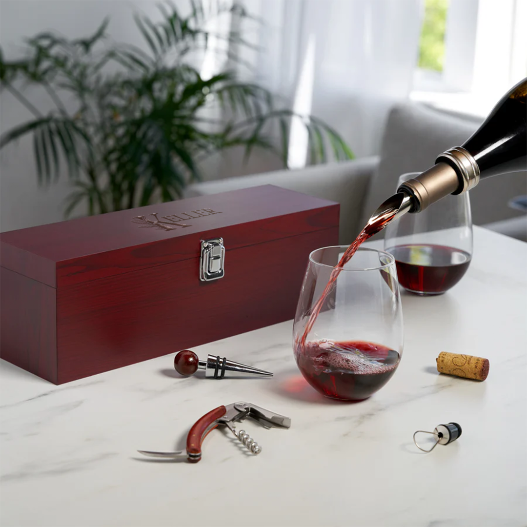 Cherry Padded Wooden 1 Bottle Gift Box with 4 Wine Tools