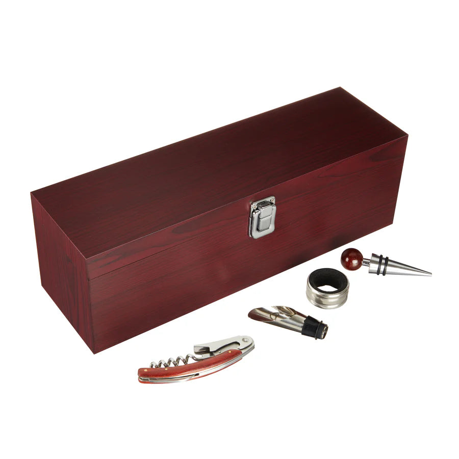 Cherry Padded Wooden 1 Bottle Gift Box with 4 Wine Tools